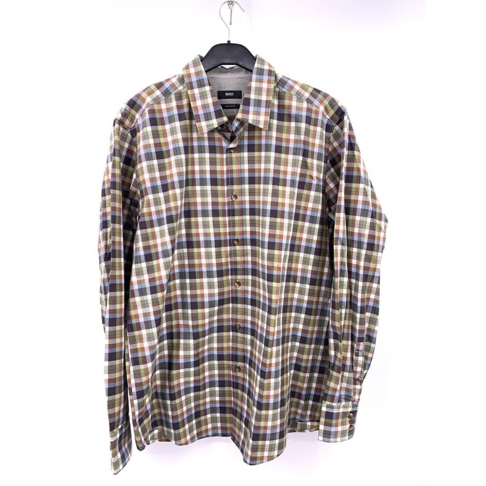 Boss By Hugo Boss Plaid Button-up Shirt Regular Fit Size XL (F4)